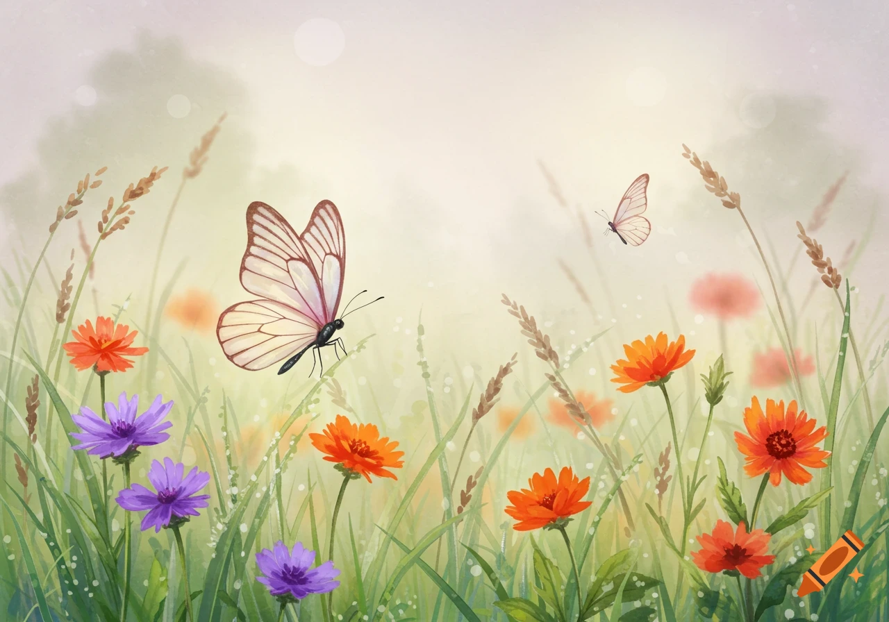 Two watercolor butterflies among orange and purple wildflowers in a sunlit meadow.