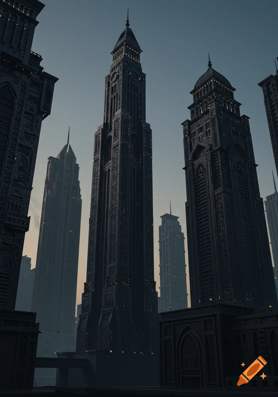 Tall, dark, ornate buildings with an antique finish in a futuristic city under a twilight sky.