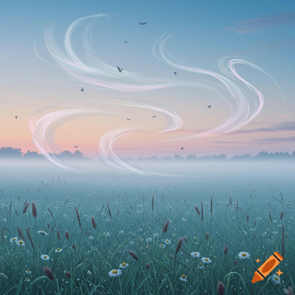 A serene foggy field with daisies and glowing wisps in the sky at sunrise or sunset, with birds flying.