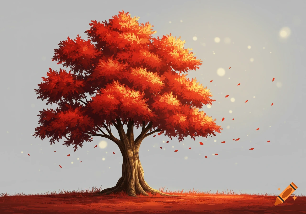 A stylized autumn tree with vibrant red and orange leaves stands on red ground, with leaves falling against a light gray sky.