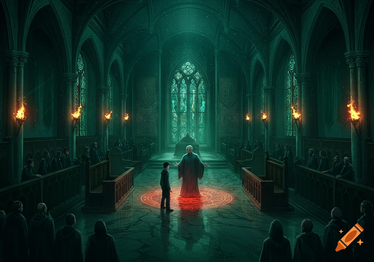 A dark, gothic hall with stained glass and torches, where an older robed figure faces a younger figure on a glowing red magic circle.