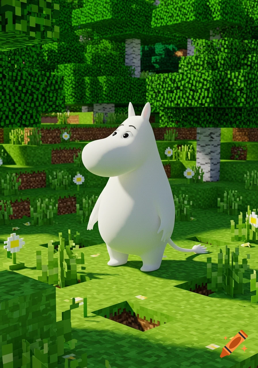 A Moomin character stands in a sunny, blocky Minecraft-style forest with pixelated trees, grass, and white and yellow flowers.
