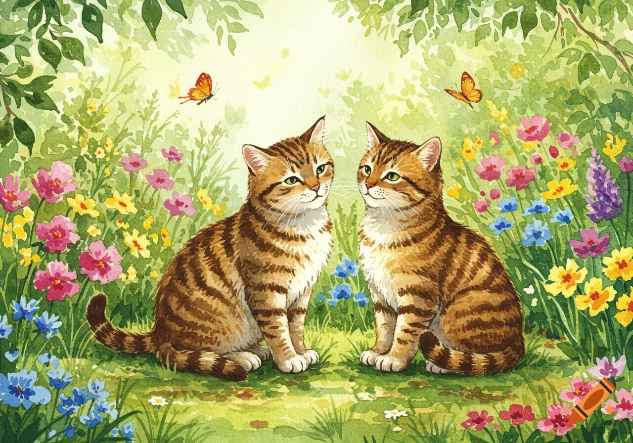 Two watercolor tabby cats sitting in a vibrant flower garden with butterflies.