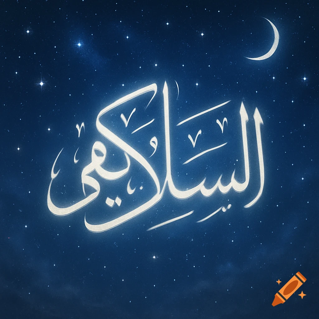 Glowing white Arabic calligraphy of "As salam alaikum" against a dark blue starry night sky with a crescent moon.