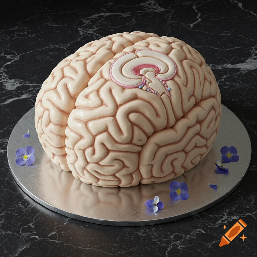A photorealistic brain-shaped vanilla cake on a silver platter, decorated with small purple pansy flowers.