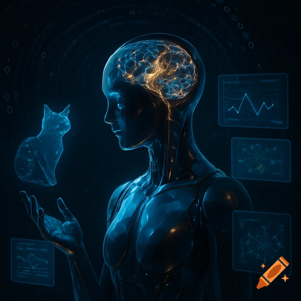 A translucent digital figure with an illuminated brain holds a glowing digital cat, with abstract data visualizations.