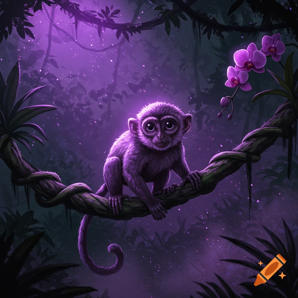A small, glowing purple monkey with large eyes sits on a vine in a dark, mystical jungle, lit by purple light, with purple orchids.