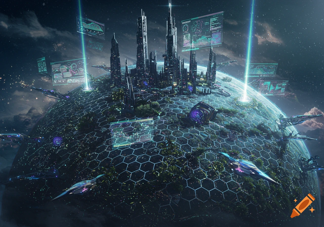 A vibrant, futuristic sci-fi city with tall dark buildings and glowing lights on a hexagonal grid planet, with flying vehicles and holographic screens.