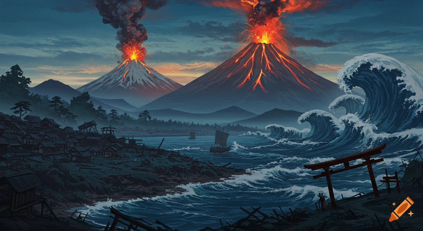A Japanese painting depicts a coastal village devastated by a tsunami, with two erupting volcanoes in the background under a dramatic sky.