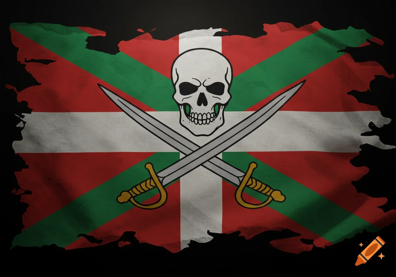 Distressed pirate flag with a skull and crossed swords over a red, green, and white Ikurriña pattern.