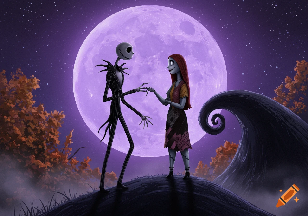 Illustrated Jack Skellington and Sally stand on a dark hill holding hands, with a large purple full moon and stars in the night sky.