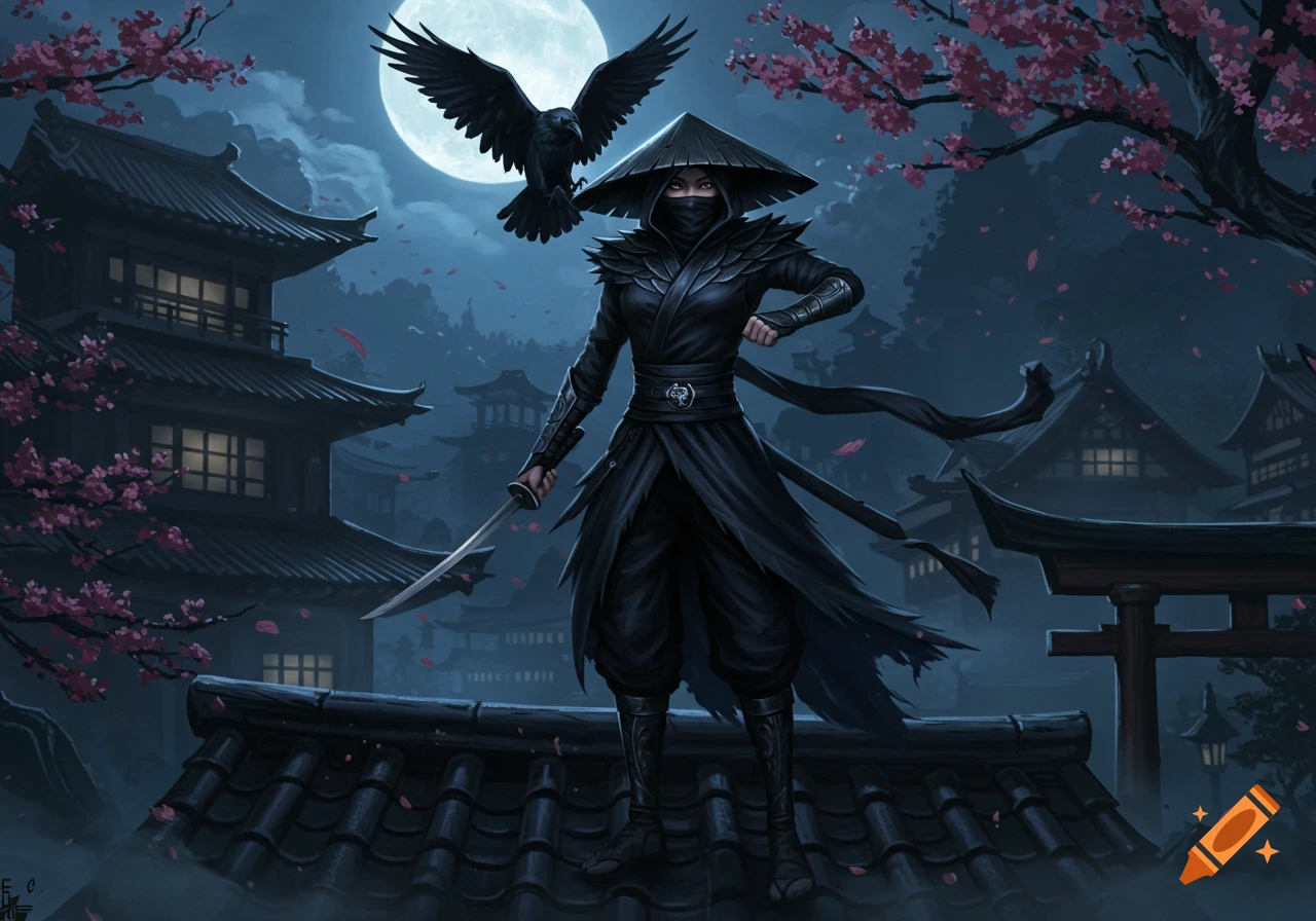 A female ninja in black stands on a Japanese rooftop at night, holding a katana, with a raven flying by a full moon and cherry blossoms.