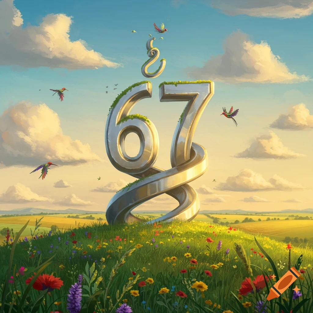Large metallic numbers 67 intertwined in a vibrant green field of wildflowers under a blue sky with birds flying.