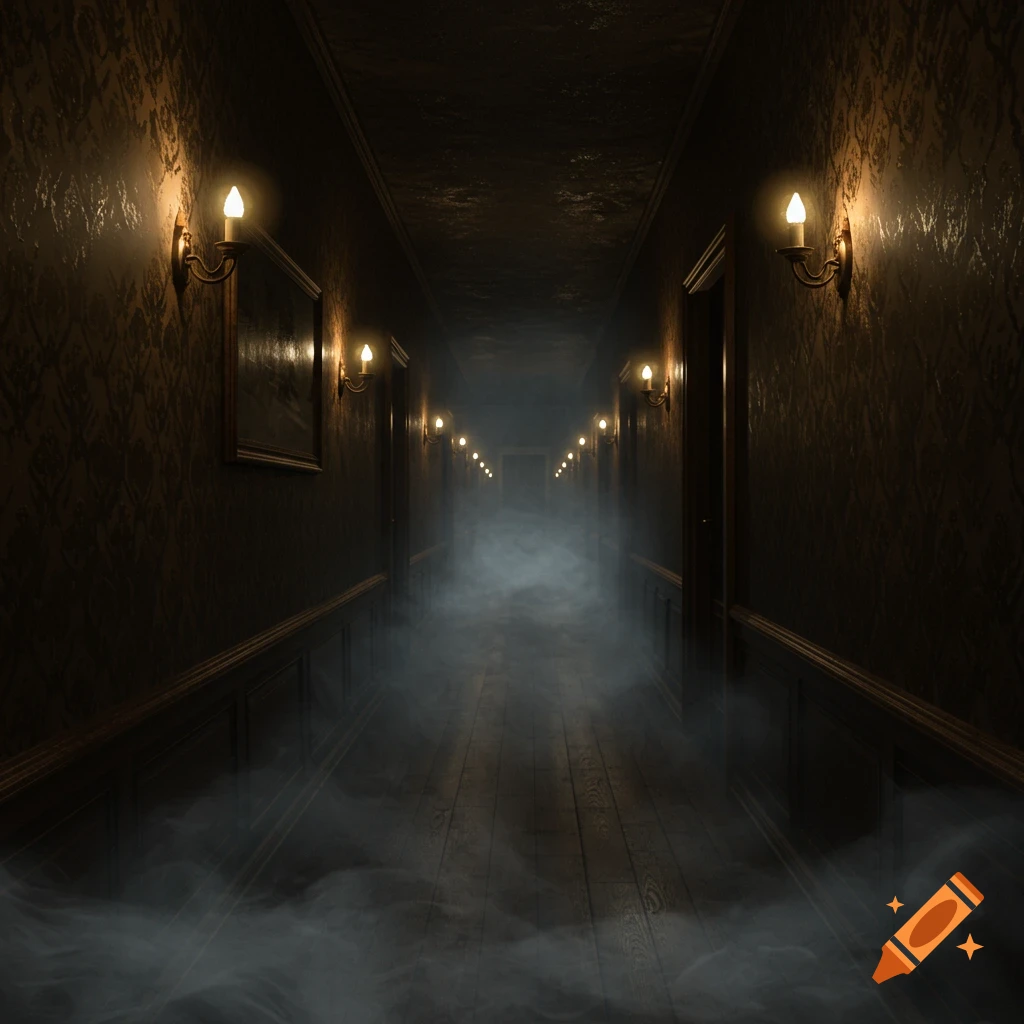 A dark, ominous hallway with patterned wallpaper, illuminated by sconces, filled with heavy fog.