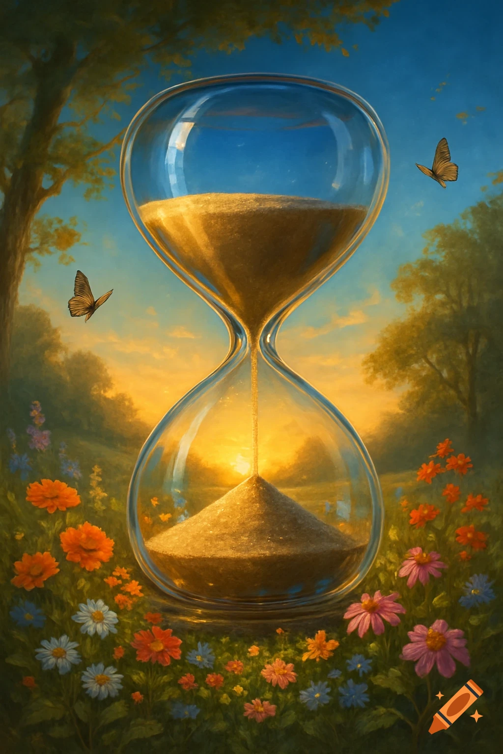 A dreamlike painting of a large hourglass with golden sand, surrounded by colorful flowers and butterflies under a sunset sky.