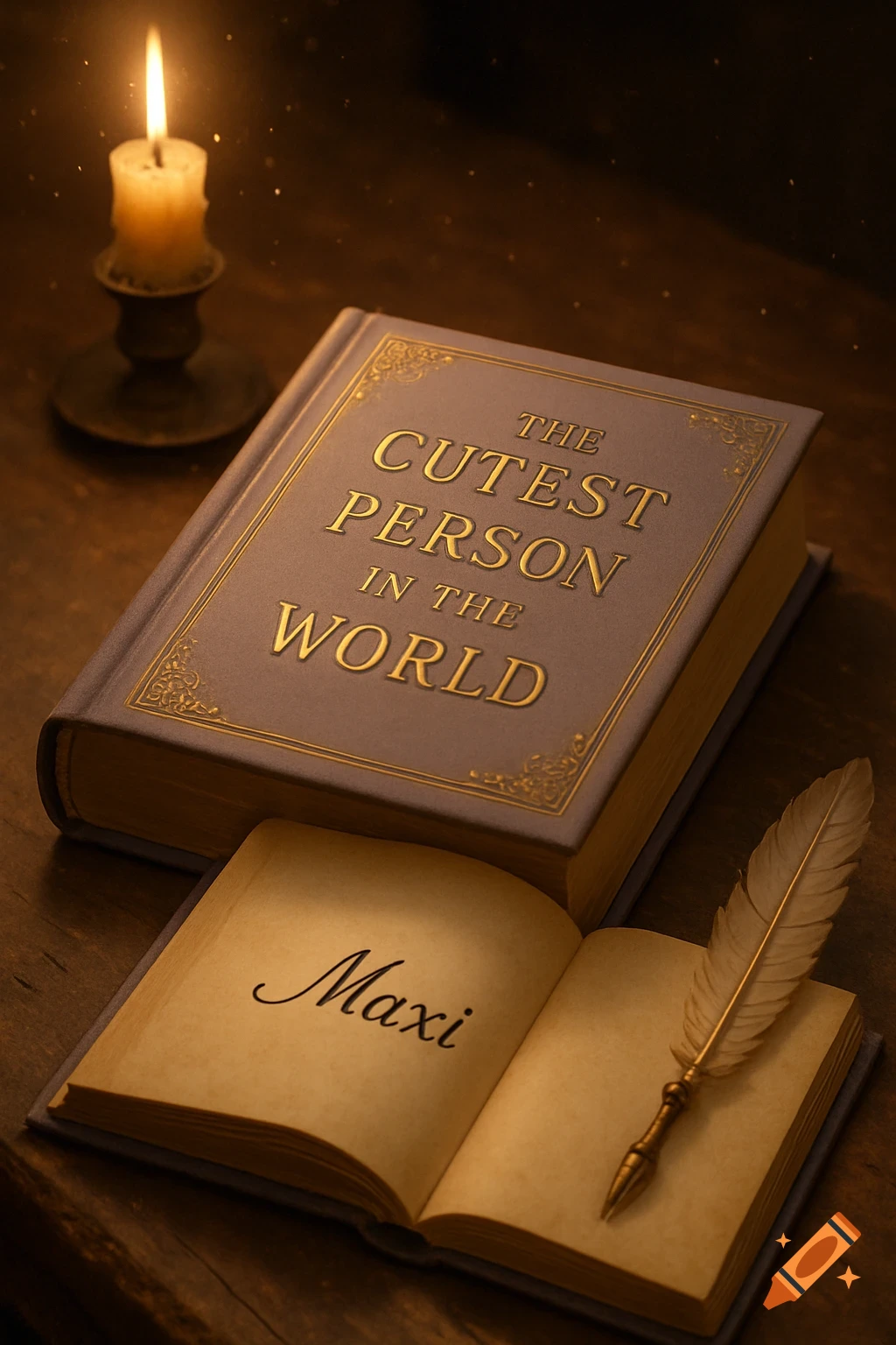 A photorealistic image of a book titled 'The Cutest Person in the World,' an open book with 'Maxi,' a quill, and a lit candle on a dark wooden table.