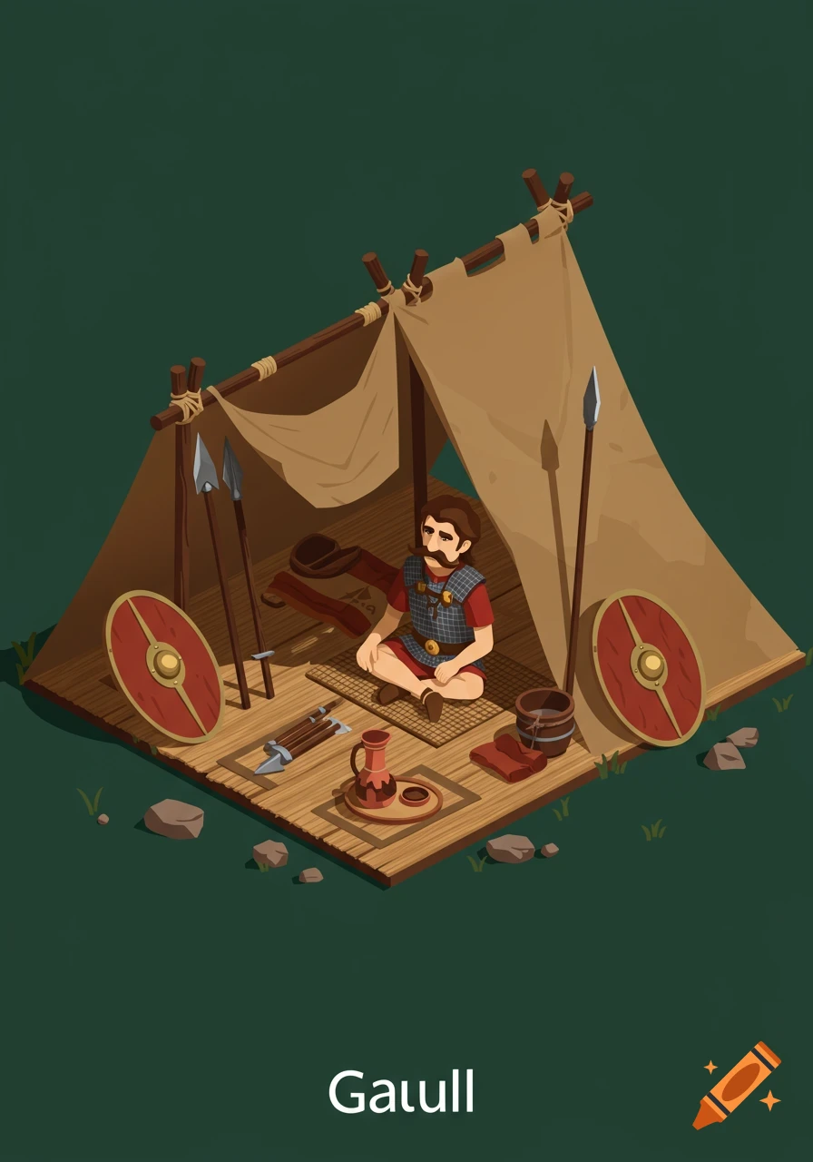 Isometric cartoon of a Roman soldier sitting in a tent with shields and spears.