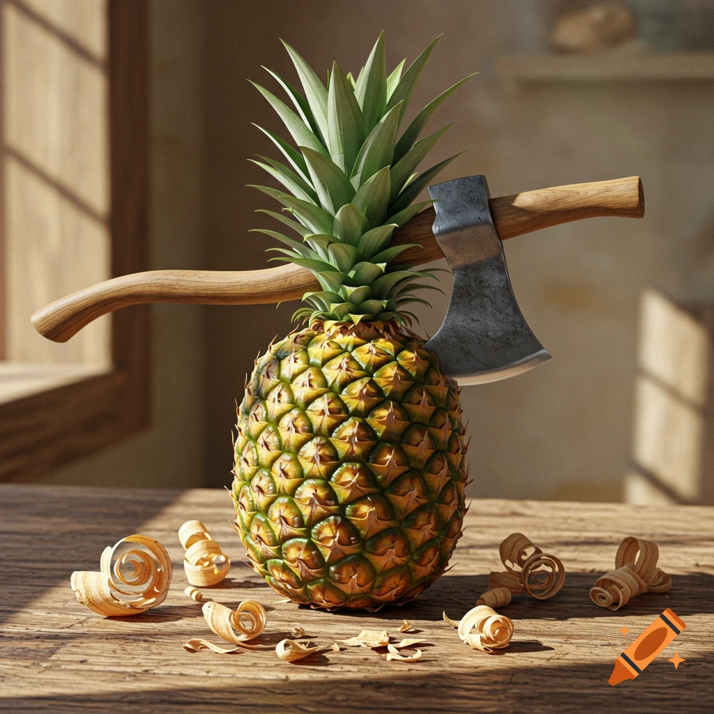 A pineapple with an axe stuck in its side, resting on a rustic wooden table with wood shavings.