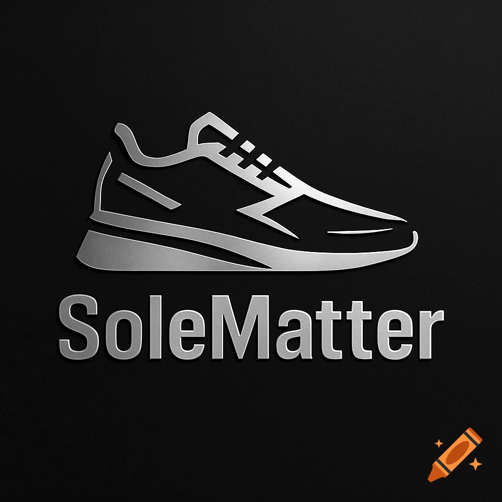 Silver metallic outline logo of a sneaker above the word "SoleMatter" on a dark textured background.