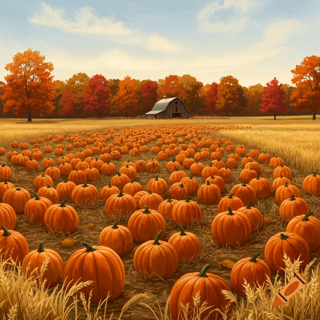 An expansive autumn pumpkin patch with rows of orange pumpkins leading to a rustic barn and colorful fall trees.