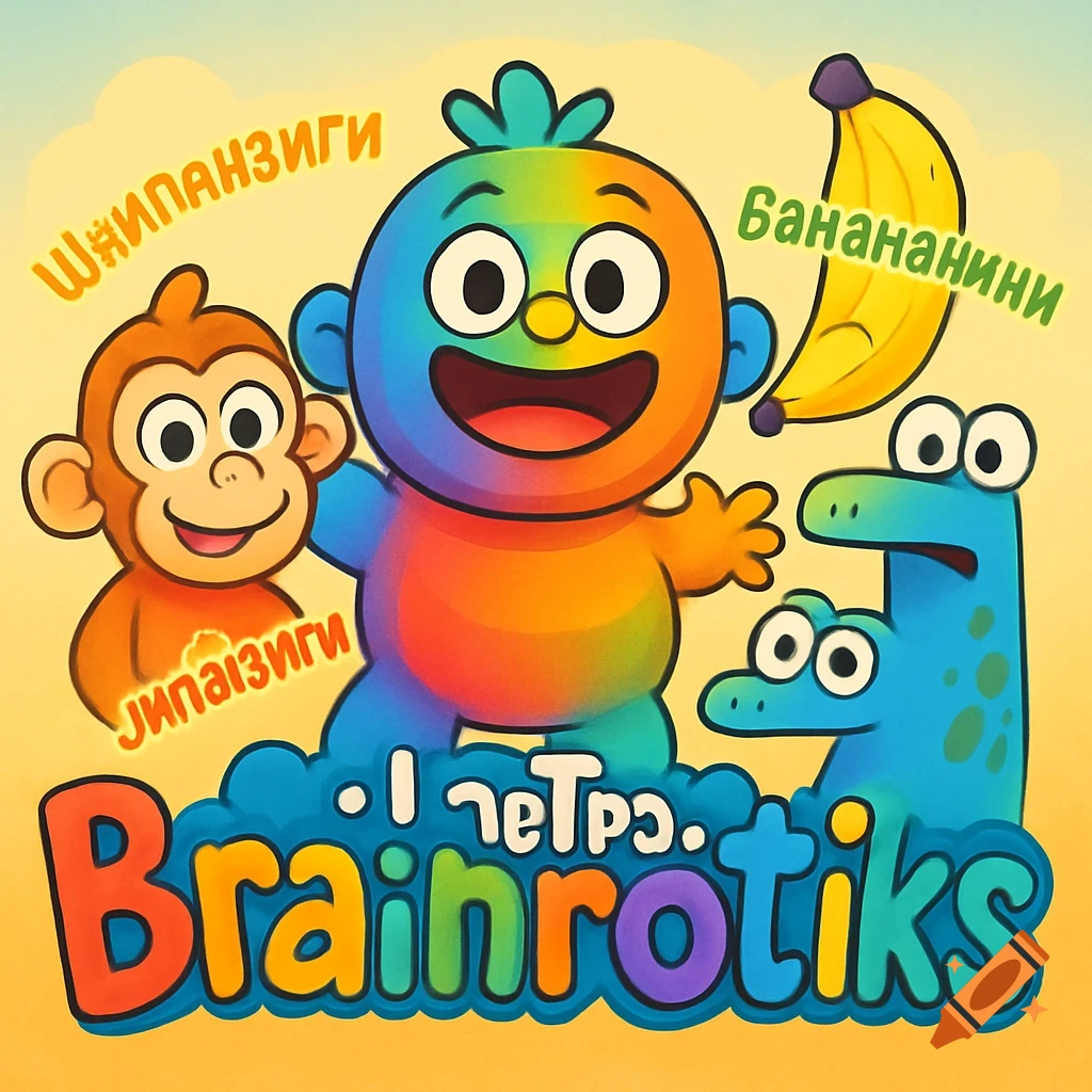 Colorful, happy 3D cartoon characters, including a rainbow-gradient blob, a brown monkey, and a blue dinosaur. A banana floats above the dinosaur. Various Cyrillic and English text is integrated into the scene, including 'Brainrotiks' at the bottom.