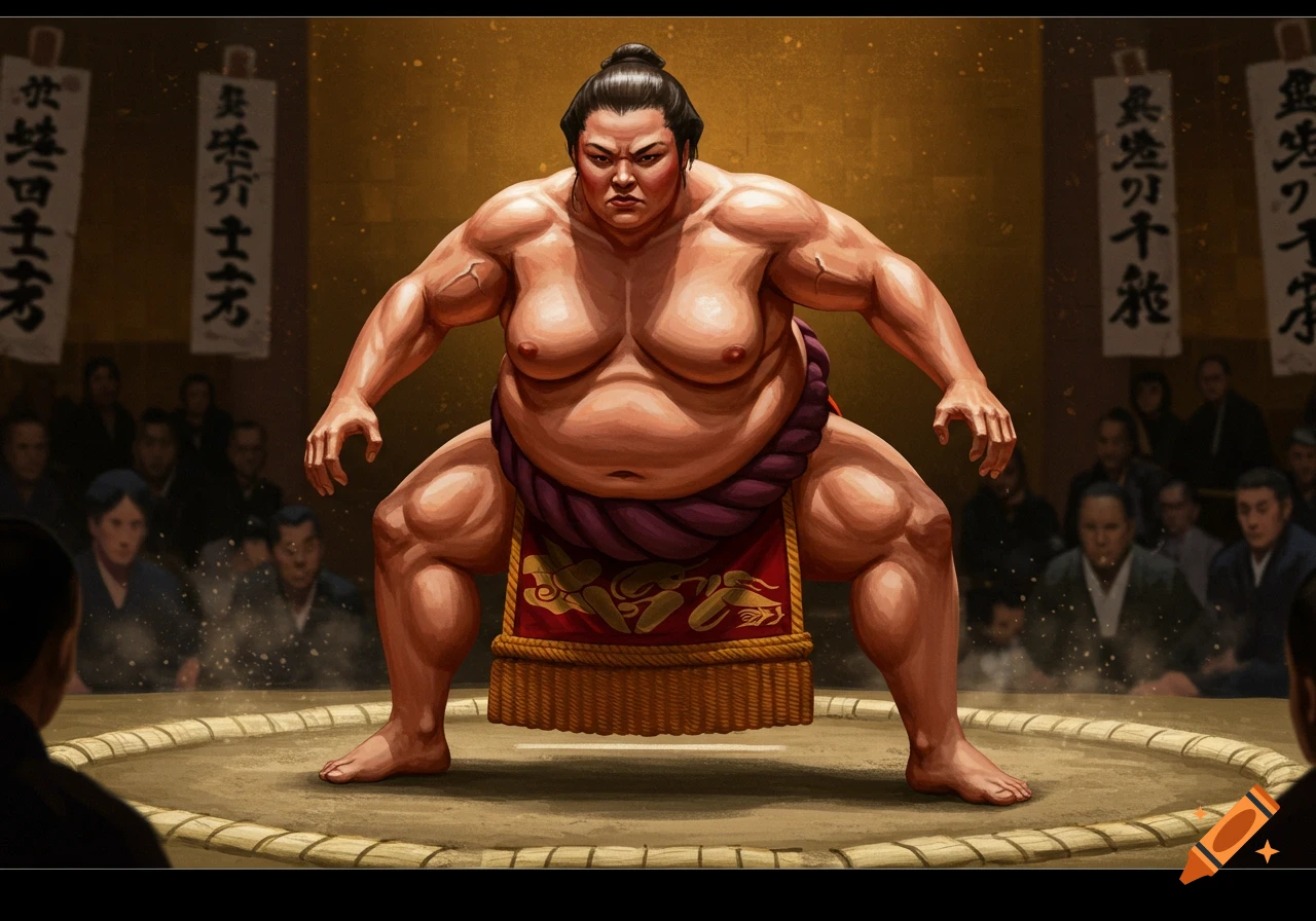 A powerful female sumo wrestler in a mawashi stands in a ring, flanked by spectators and banners, in a painted style.