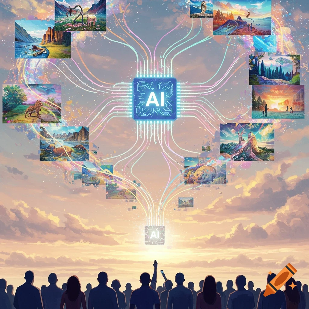 Conceptual digital art of an AI chip generating diverse landscapes and animals, with glowing data streams, observed by a crowd under a pastel sky.