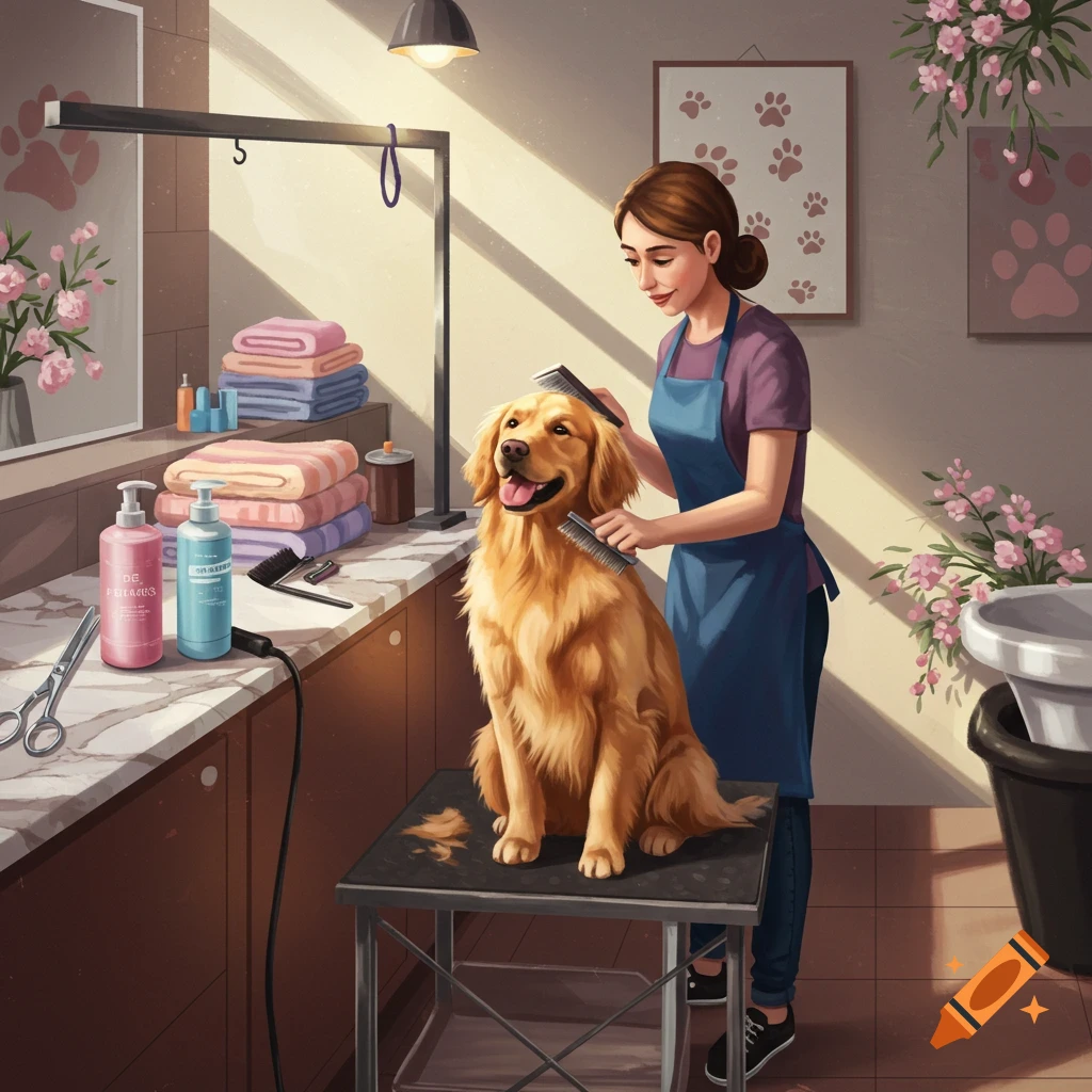 A woman grooms a happy golden retriever on a table in a bright pet salon.