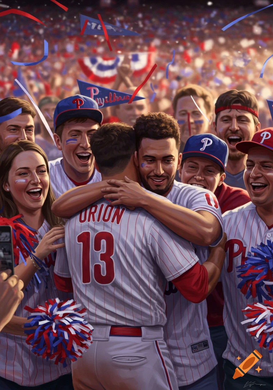 Baseball player Orion, number 13, embraces cheering Phillies fans in a stadium with confetti falling, digital art.