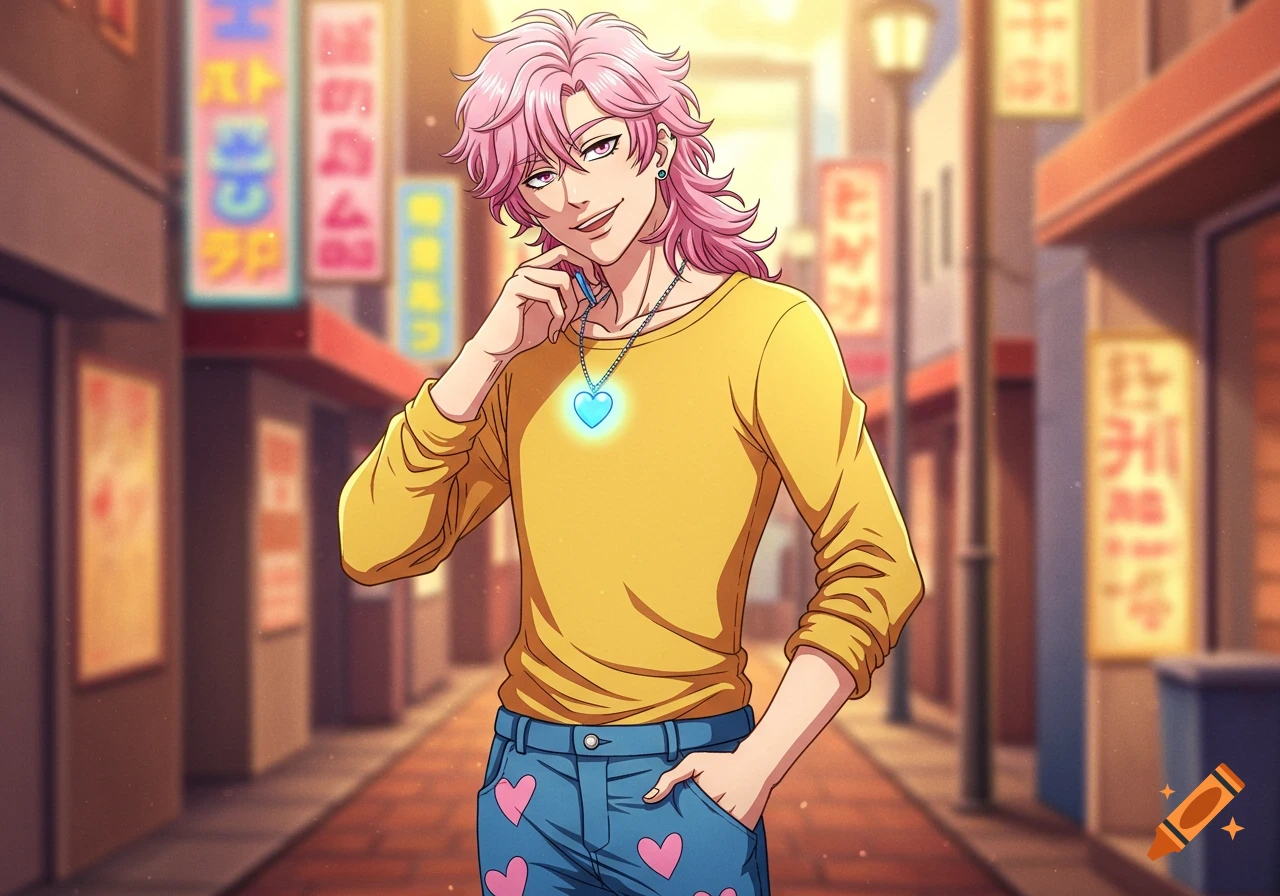 An anime guy with pink mullet hair, a yellow long-sleeve shirt, a glowing blue heart necklace, and blue jeans with pink hearts, smiles in a city street.