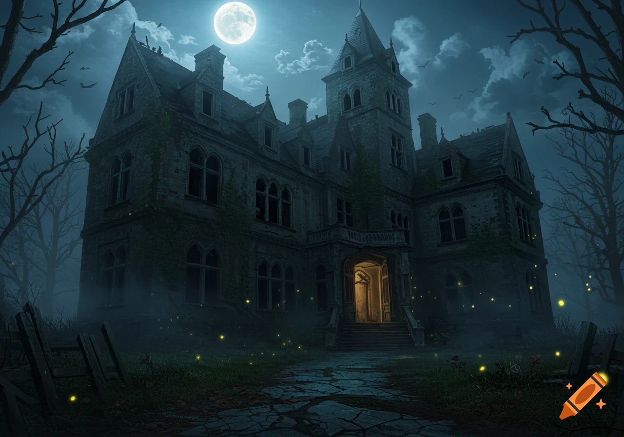 A spooky, gothic-style haunted manor stands under a full moon at night, surrounded by bare trees, mist, and glowing fireflies.