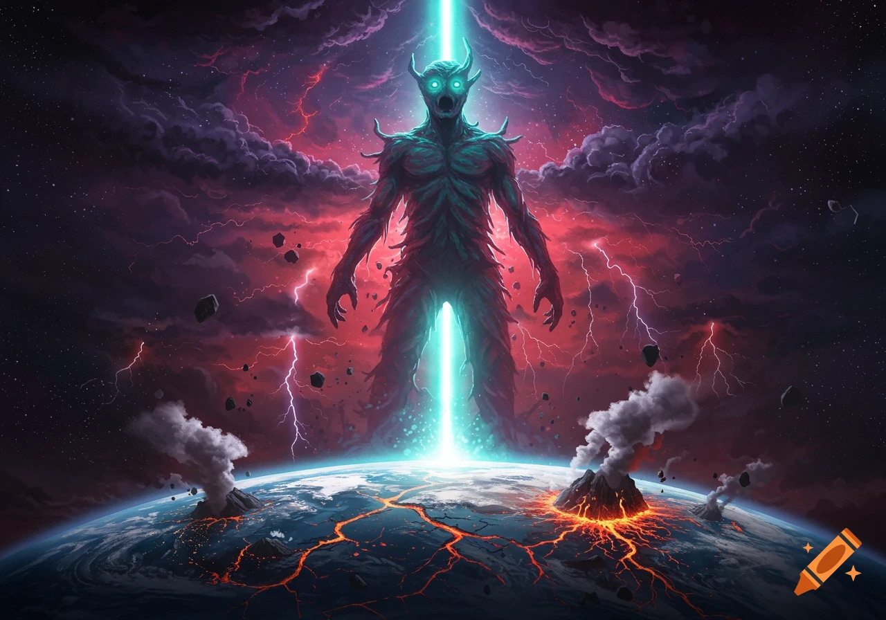 A giant, glowing turquoise monster with horns stands over a cracking Earth, emitting a light beam from its body. Red clouds and lightning fill the dark cosmic sky, with asteroids and volcanoes erupting on the planet's surface.