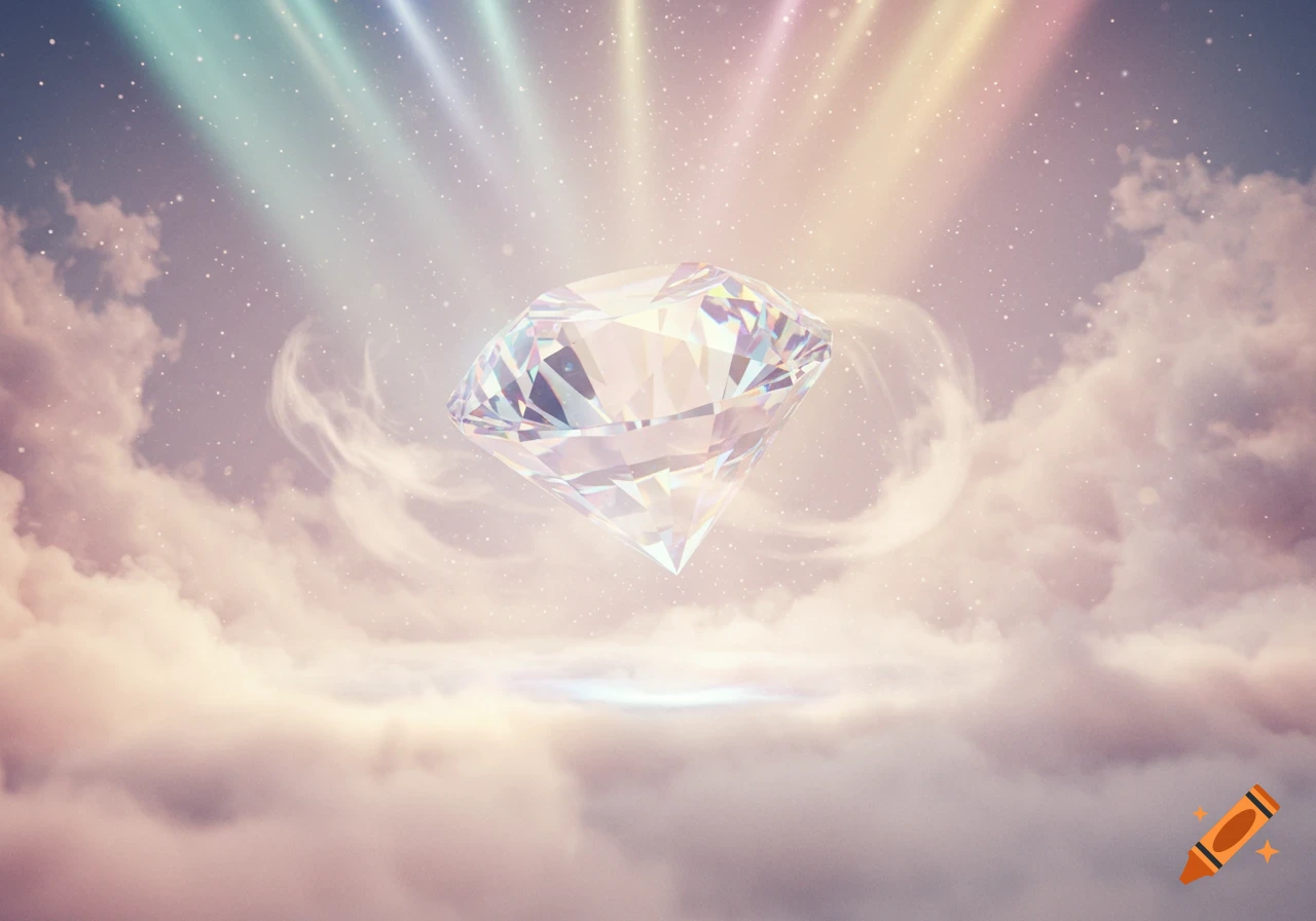 A brilliant faceted diamond floats in a dreamy sky with soft pastel clouds, colorful light rays, and sparkling particles.