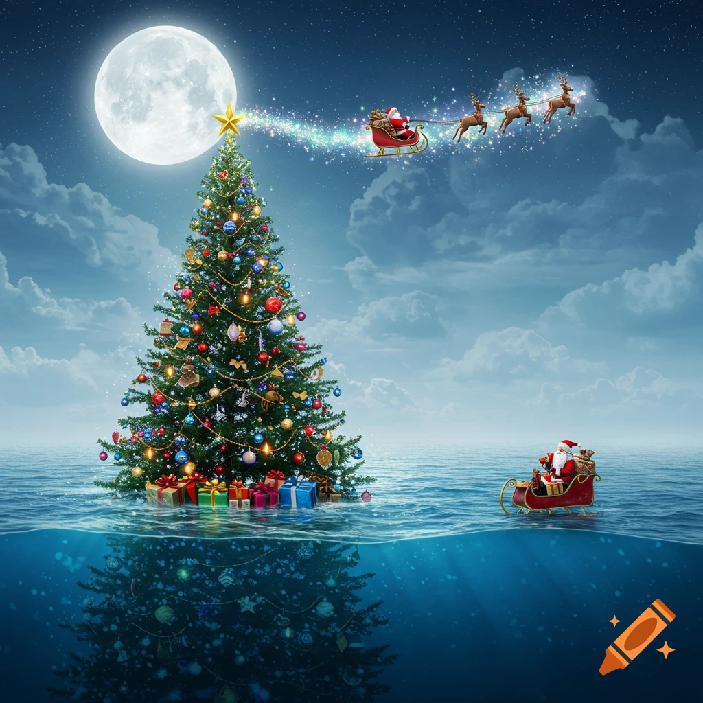 A decorated Christmas tree stands in the ocean under a full moon as Santa and his reindeer fly across the starry sky, leaving a sparkling trail.