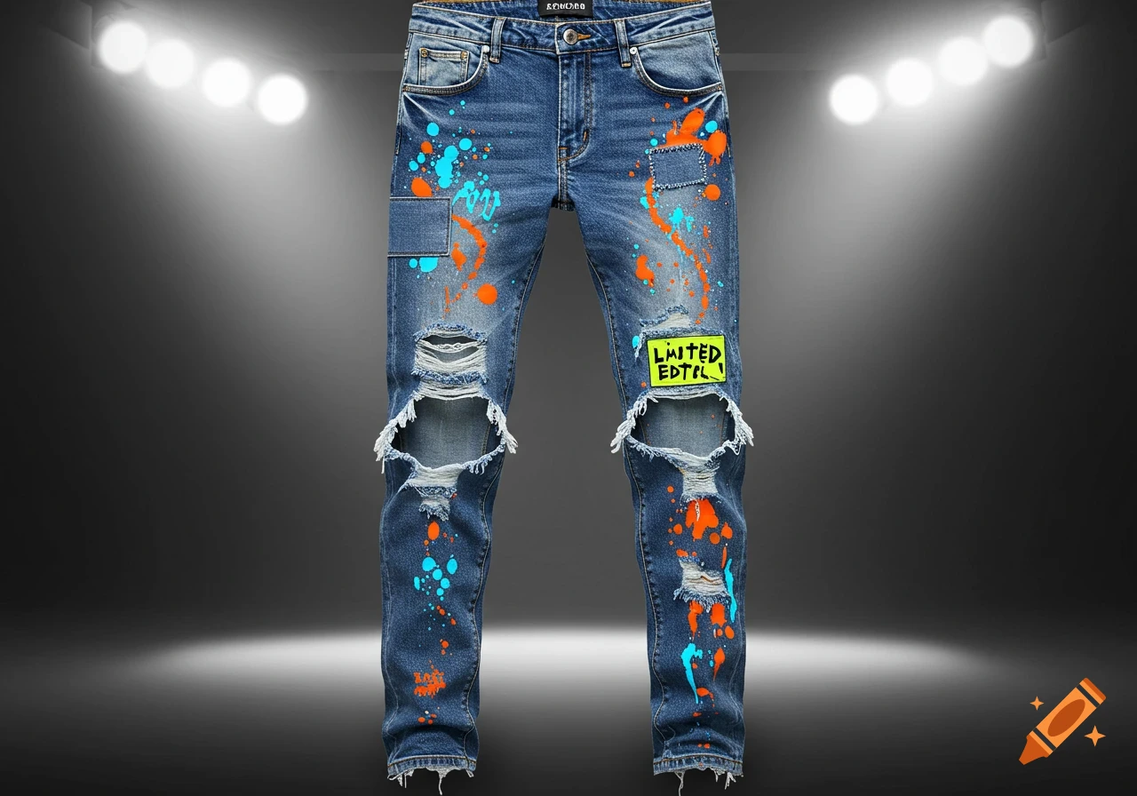 Distressed blue jeans with orange and blue paint splatters, ripped knees, patchwork, and a yellow patch on a dark background.