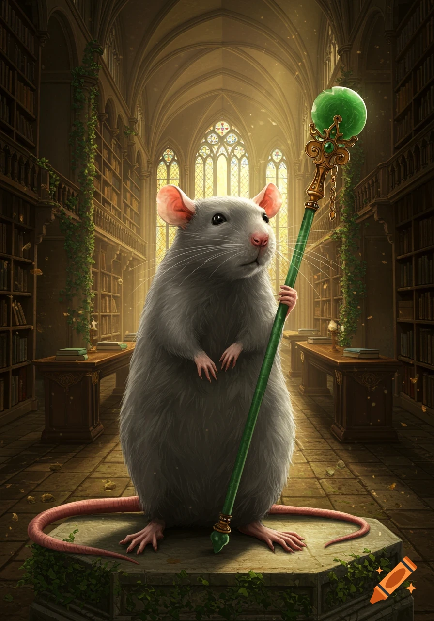 A large grey rat stands upright in a grand, ancient library, holding a green and gold staff like a wizard.