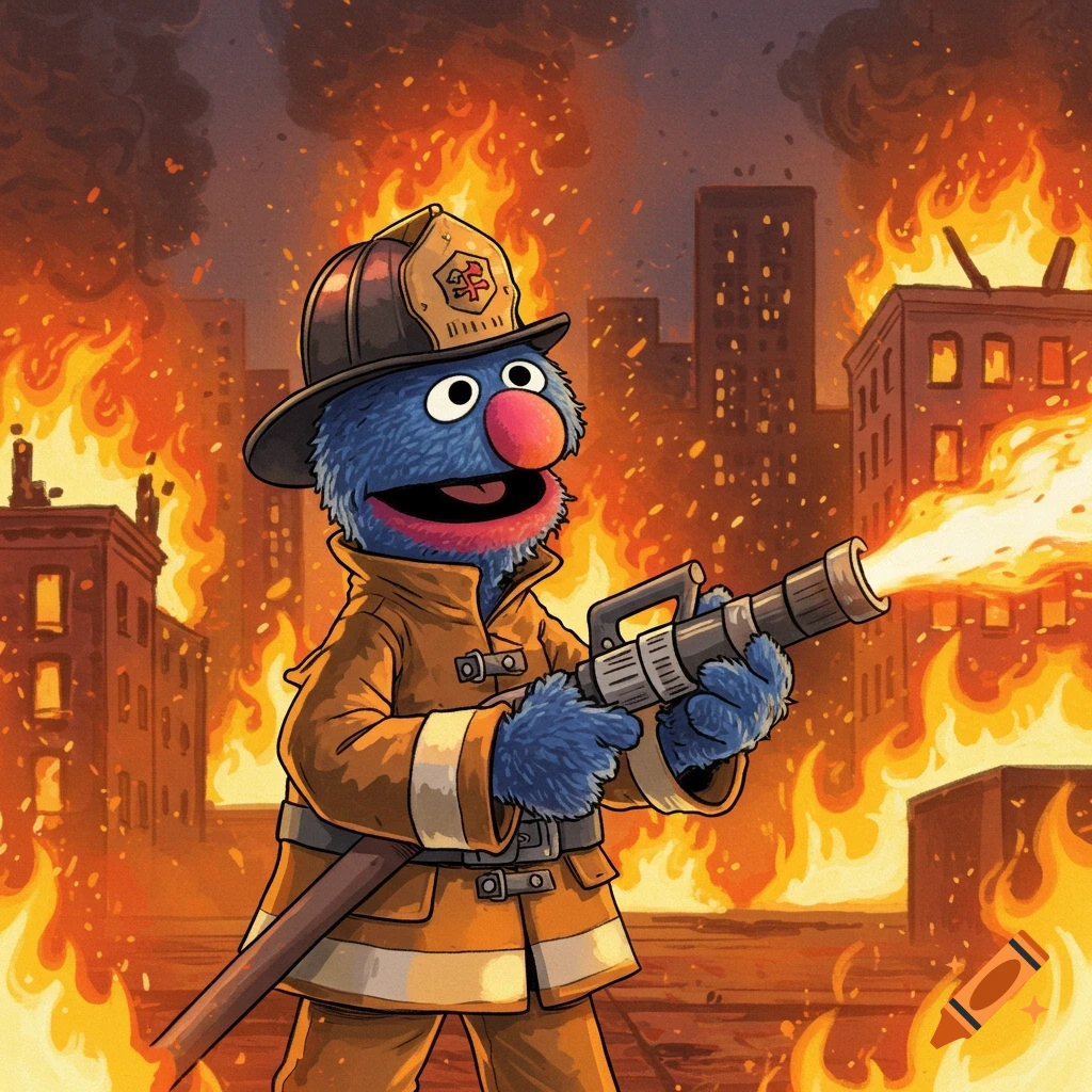 Grover from Sesame Street, dressed as a firefighter, holds a hose spraying water against a backdrop of a city engulfed in flames in a cartoon style.
