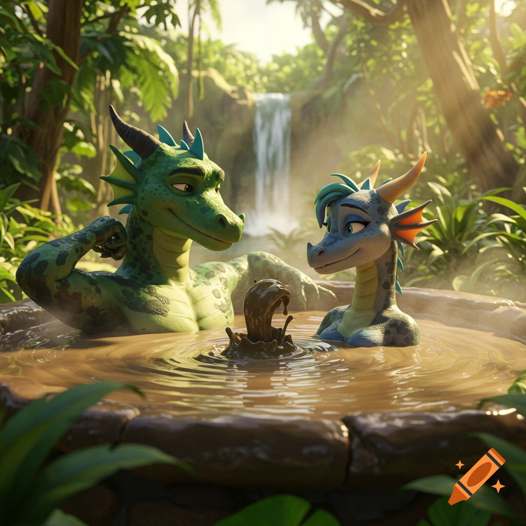 A green male and blue female dragon relaxing in a mud hot tub in a lush jungle with a waterfall.