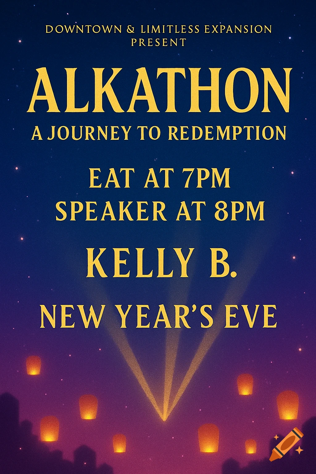 A blue and purple event flyer with gold text for 'Alkathon: A Journey to Redemption' on New Year's Eve, featuring Kelly B. as speaker. Lanterns float above a city silhouette.