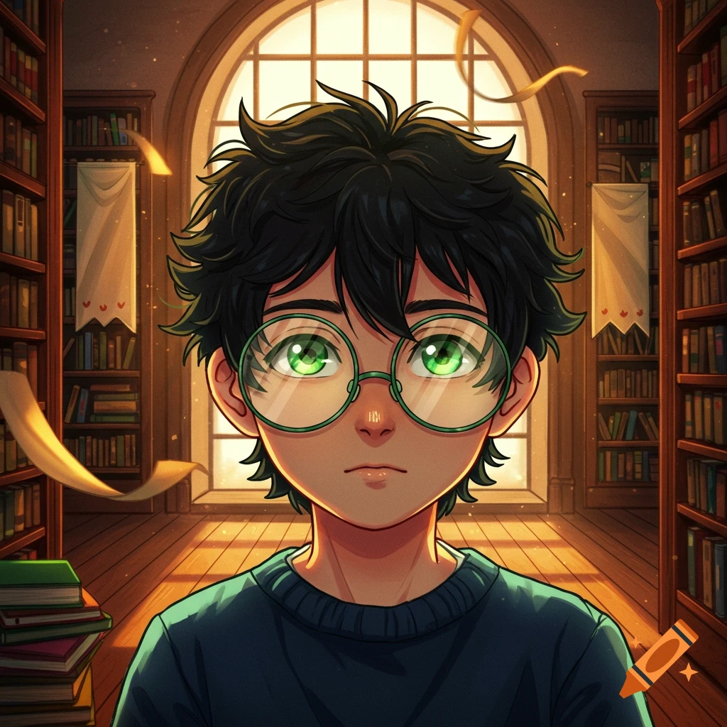 Close-up of an anime boy with messy black hair and large green glasses in a warm, sunlit library.
