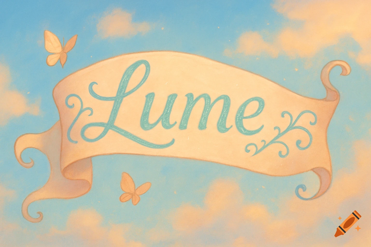 A soft illustration of a cute banner with 'Lume' text and two butterflies against a blue and orange cloudy sky.