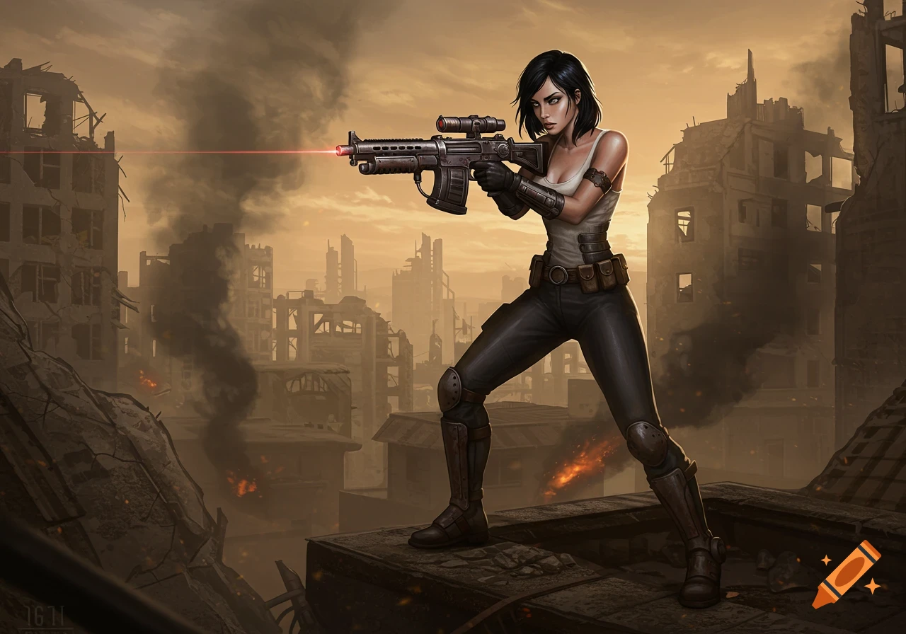 A black-haired woman in a tank top aims a laser rifle from a ruined rooftop in a post-apocalyptic city.