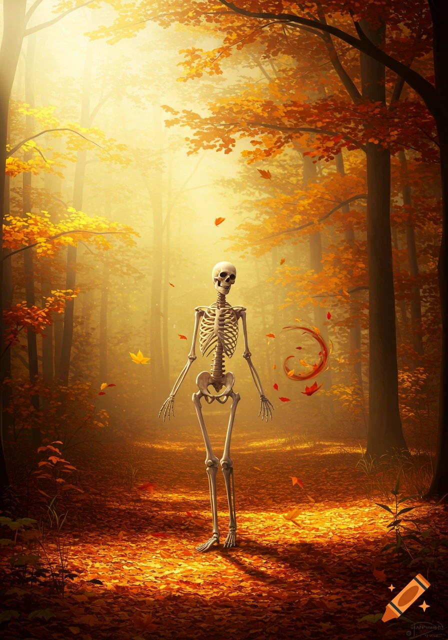 A human skeleton stands on a path covered in golden autumn leaves within a sunlit forest.