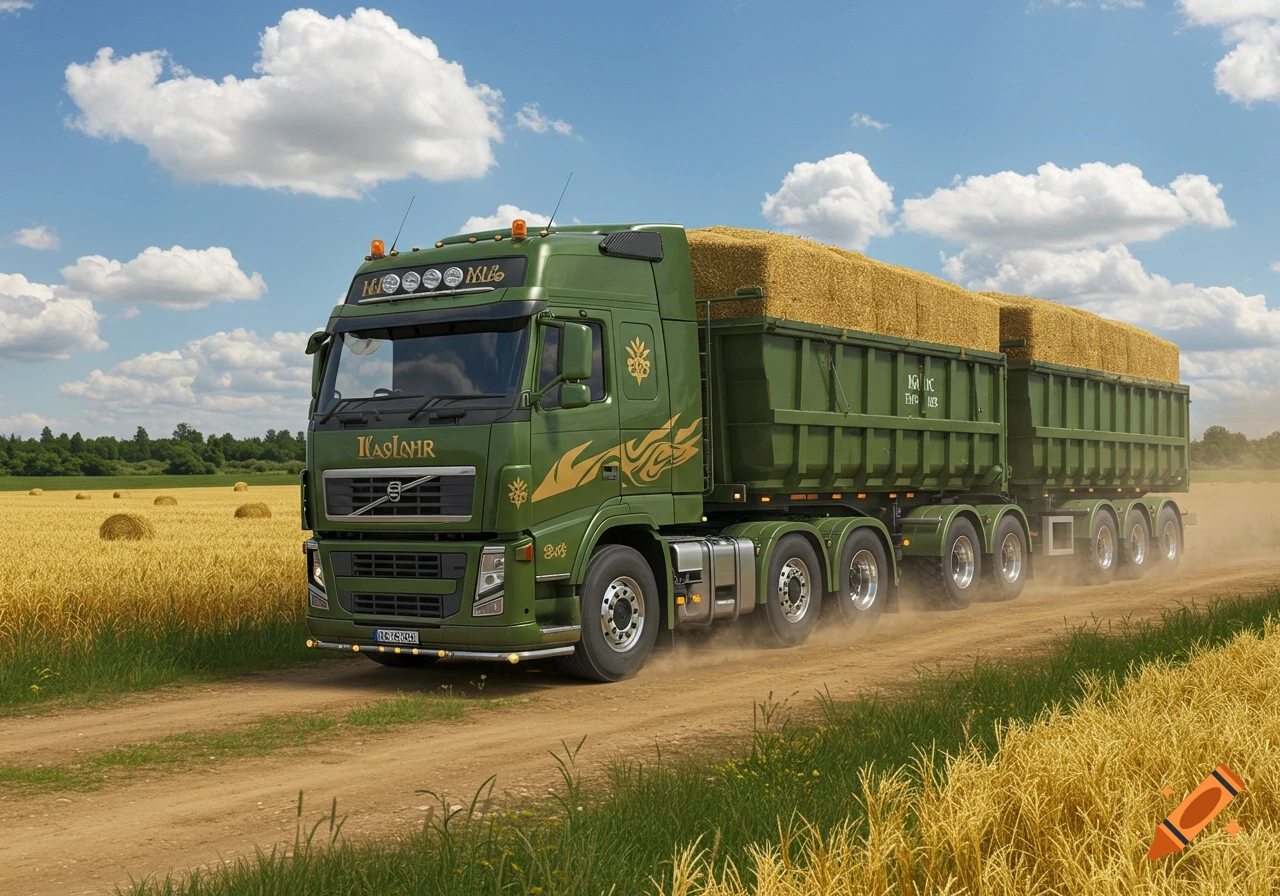 A large green semi-truck with two trailers full of hay bales drives on a dirt road through a golden wheat field under a blue sky.