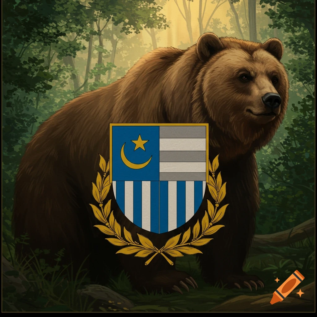 A majestic brown bear stands in a lush forest, partially covered by a Slavonian-style coat of arms with a crescent, star, and striped shield, framed by a golden wreath.