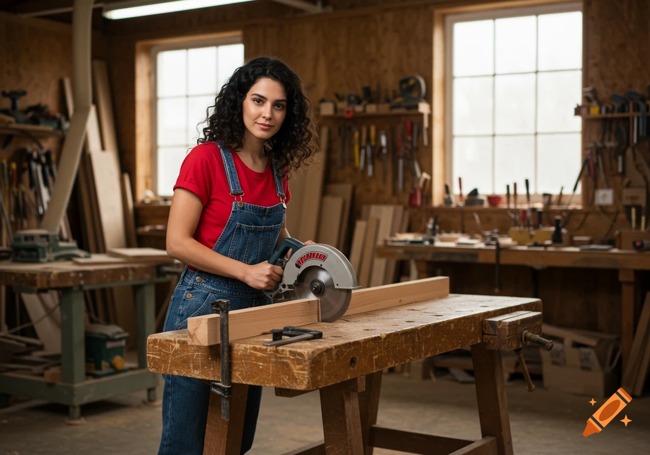 A photorealistic image of a woman in a red shirt and denim overalls cutting wood with a circular saw in a rustic workshop.