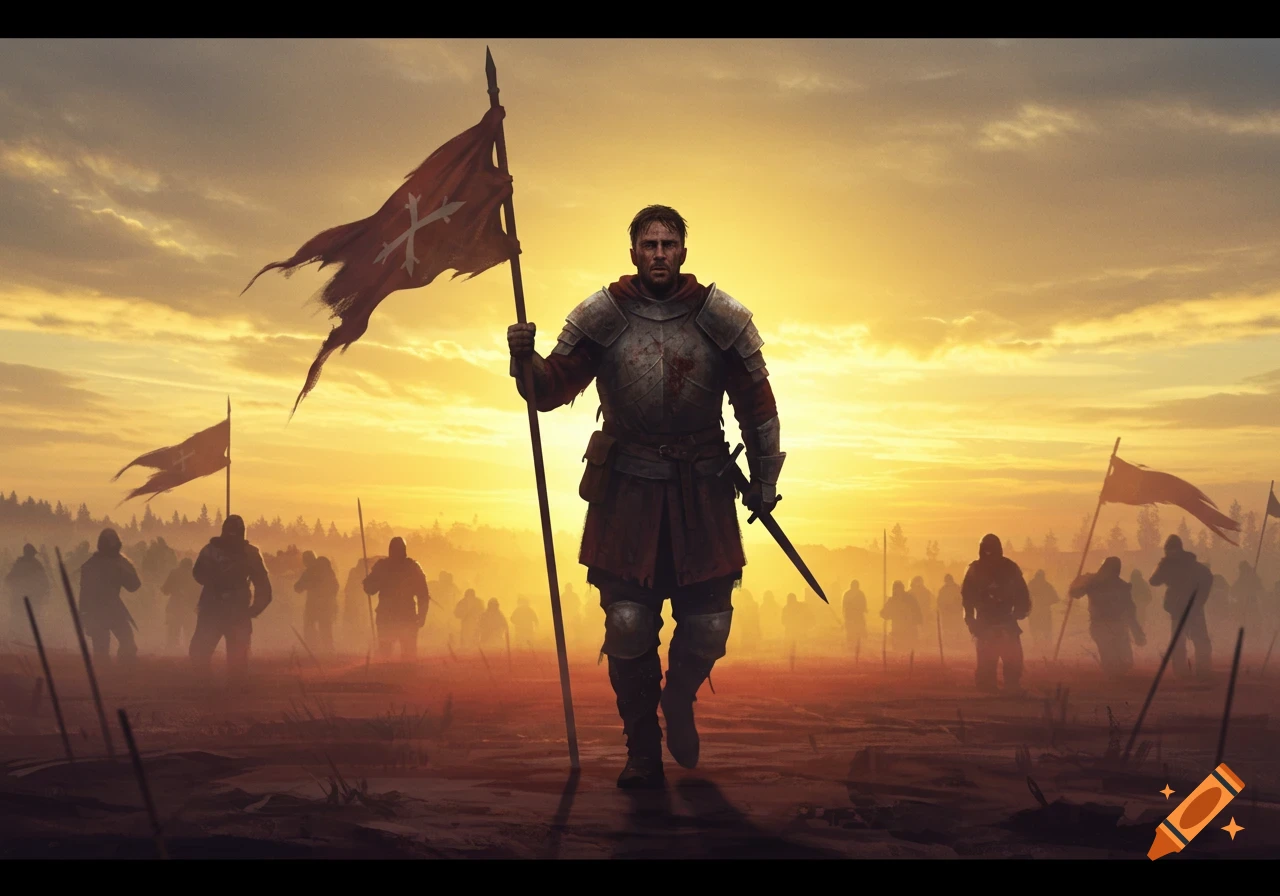A knight in armor holding a red banner and sword walks through a battlefield at sunset with other soldiers in the background.