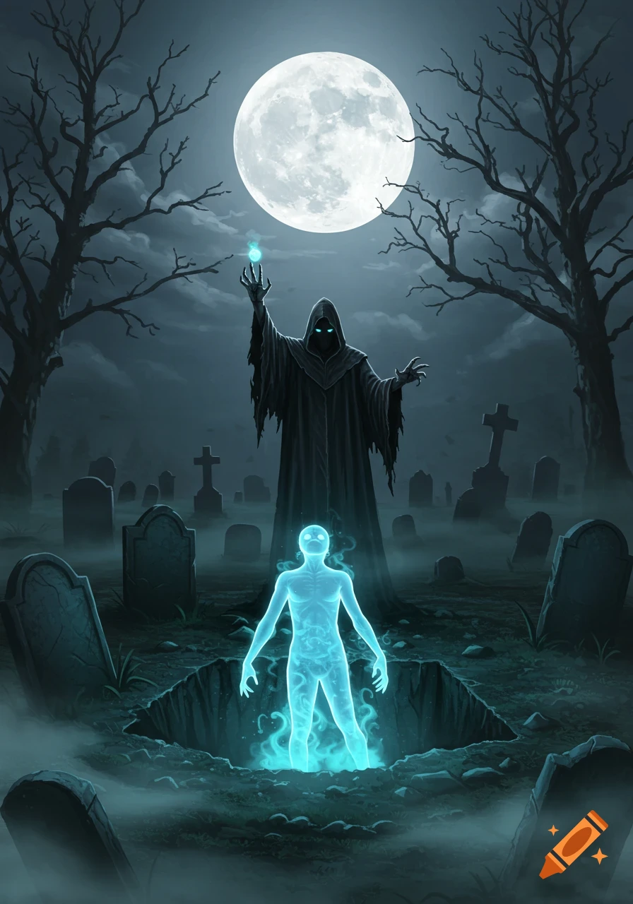 A dark fantasy illustration of a cloaked necromancer summoning a glowing blue ghost from a grave in a spooky graveyard under a full moon.