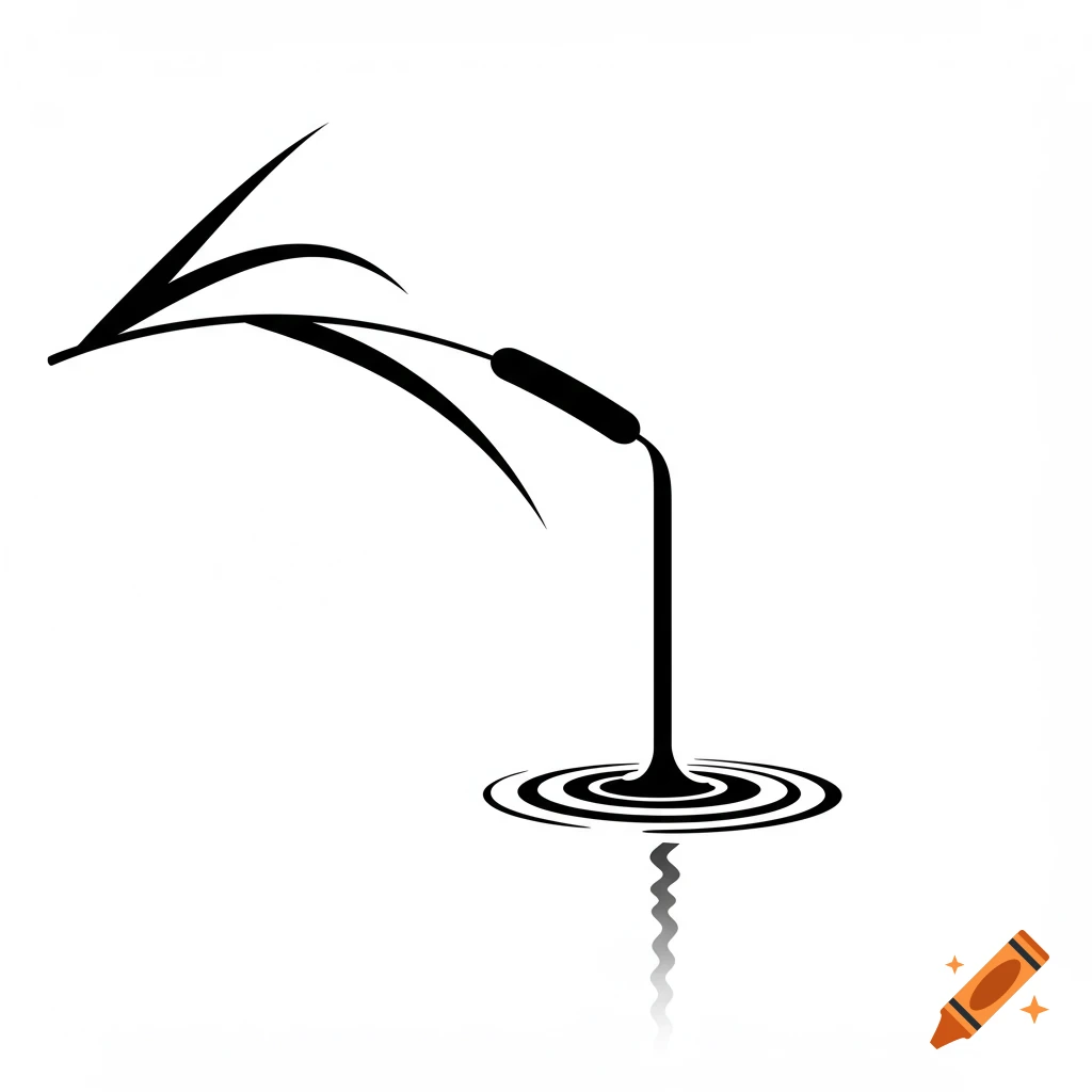 Minimalist black vector icon of a river reed bending over water, with a stylized ink flow causing ripples and a reflection.