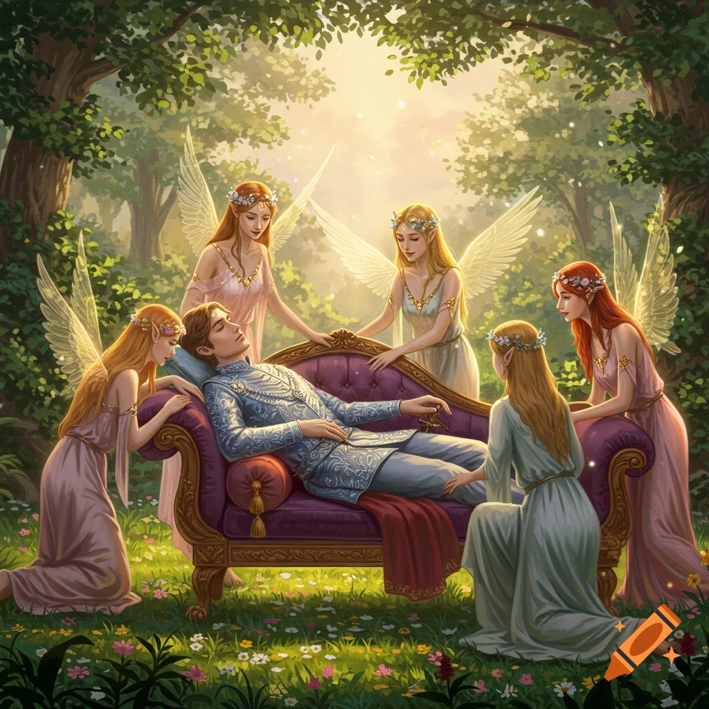 A sleeping prince on a purple couch in an enchanted forest, surrounded by winged nymphs in a detailed fantasy illustration.